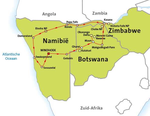 Kaart met route door Namibia en Botswana